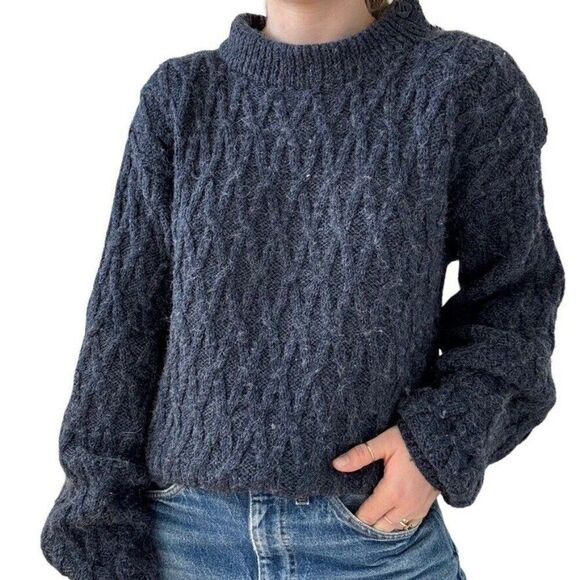 Hand Knit Womens Alpaca Navy Blue Cable Knit Chunky Oversized Fisherman Sweater - Picture 3 of 8